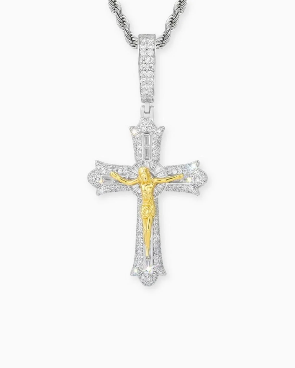 MOISSANITE BAGUETTE CROSS PENDANT.