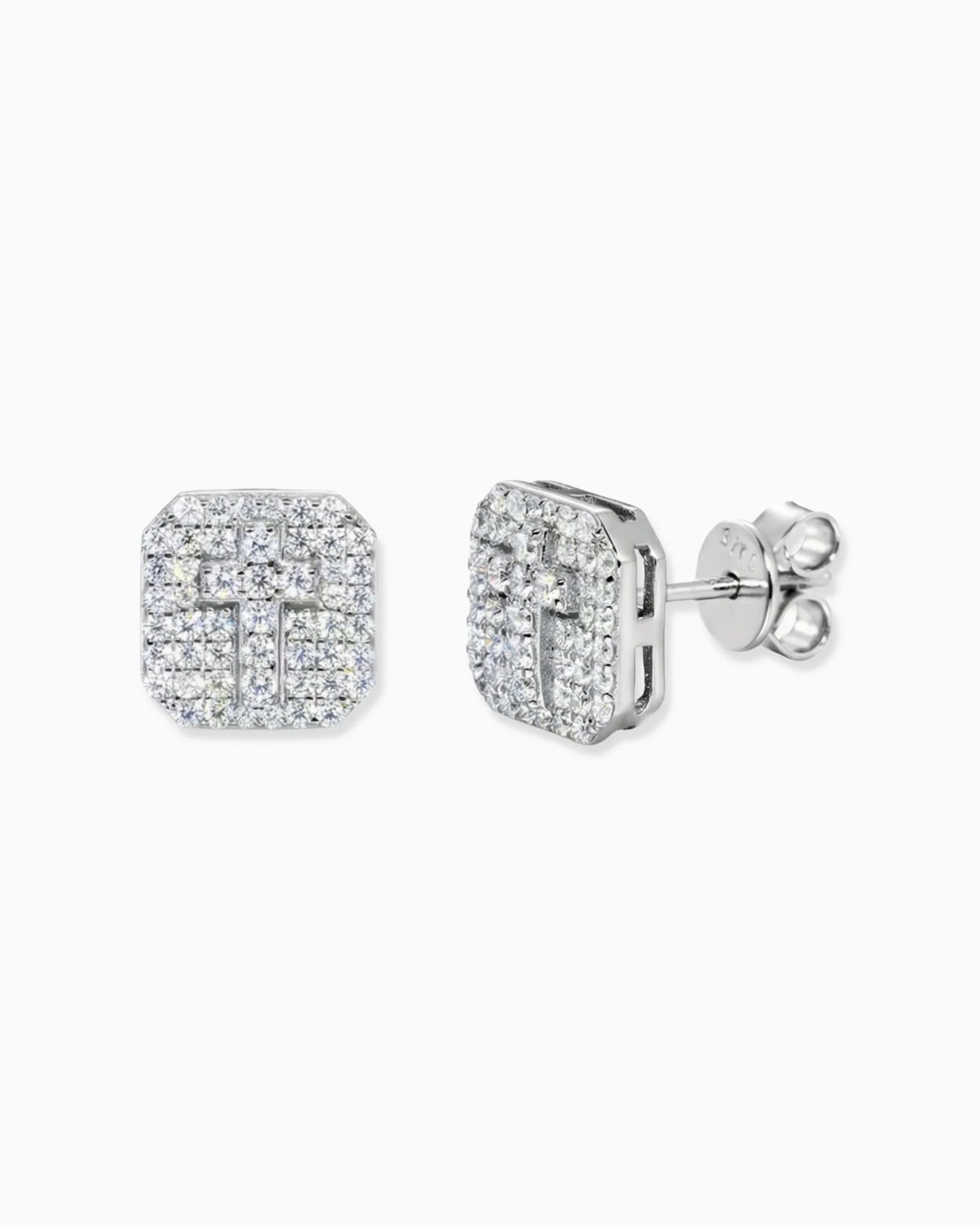 MOISSANITE SQUARE CROSS STUDS.
